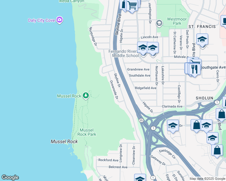 map of restaurants, bars, coffee shops, grocery stores, and more near 52 Oceanside Drive in Daly City