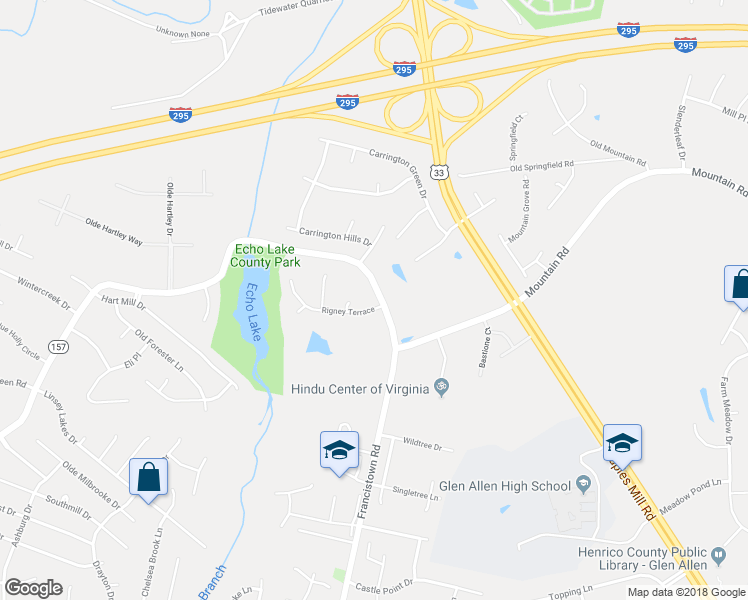map of restaurants, bars, coffee shops, grocery stores, and more near 9100 Rigney Terrace in Glen Allen