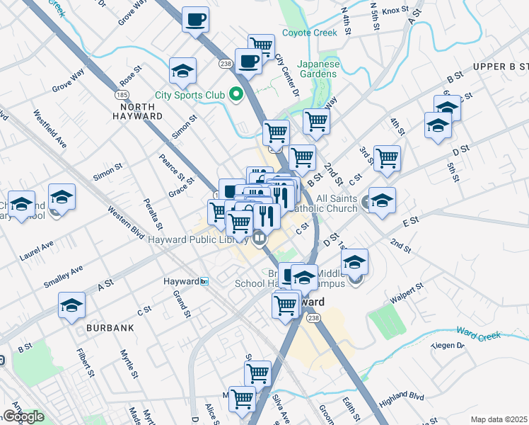 map of restaurants, bars, coffee shops, grocery stores, and more near 22561 Main Street in Hayward