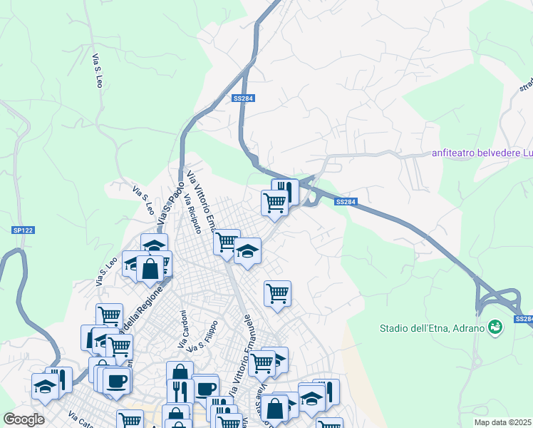 map of restaurants, bars, coffee shops, grocery stores, and more near 13 Via Sofia in Adrano