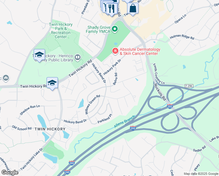 map of restaurants, bars, coffee shops, grocery stores, and more near 960 Belva Lane in Glen Allen
