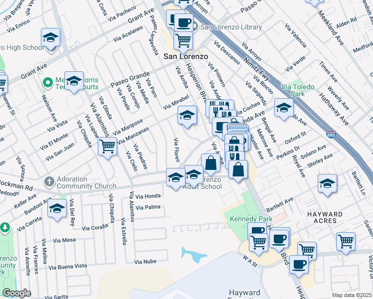 map of restaurants, bars, coffee shops, grocery stores, and more near 17347 Vía Encinas in San Lorenzo