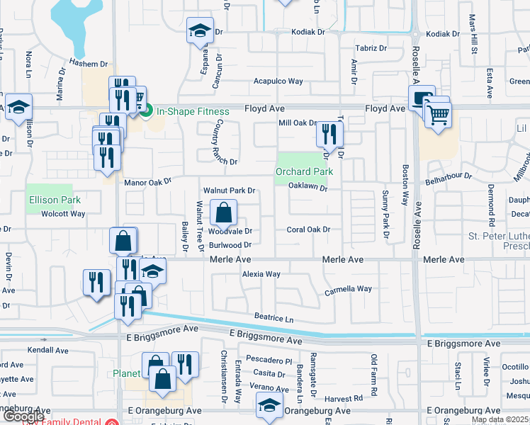 map of restaurants, bars, coffee shops, grocery stores, and more near 2004 Walnut Haven Drive in Modesto