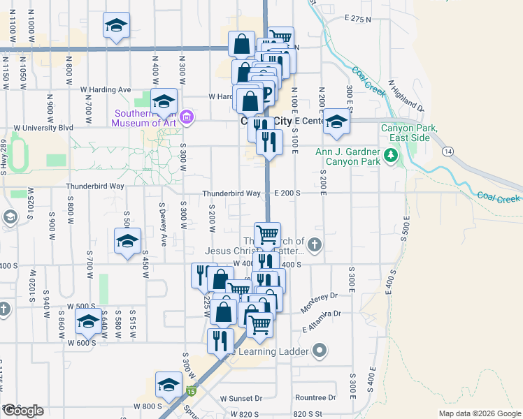 map of restaurants, bars, coffee shops, grocery stores, and more near 240 South Main Street in Cedar City