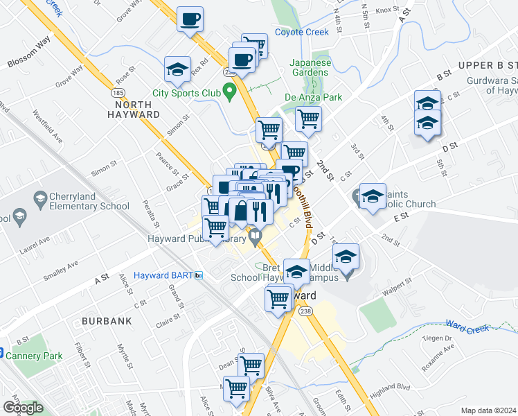 map of restaurants, bars, coffee shops, grocery stores, and more near 22561 Main Street in Hayward