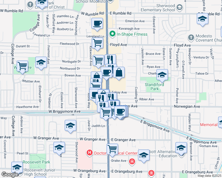map of restaurants, bars, coffee shops, grocery stores, and more near 1911 Toyon Avenue in Modesto