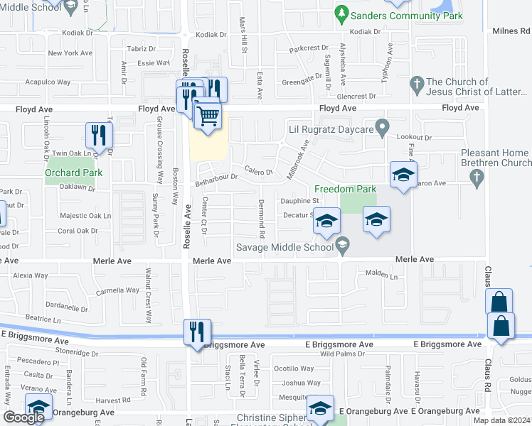 map of restaurants, bars, coffee shops, grocery stores, and more near 2104 Dermond Road in Modesto