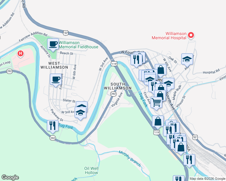 map of restaurants, bars, coffee shops, grocery stores, and more near 244 Central Avenue in Pikeville