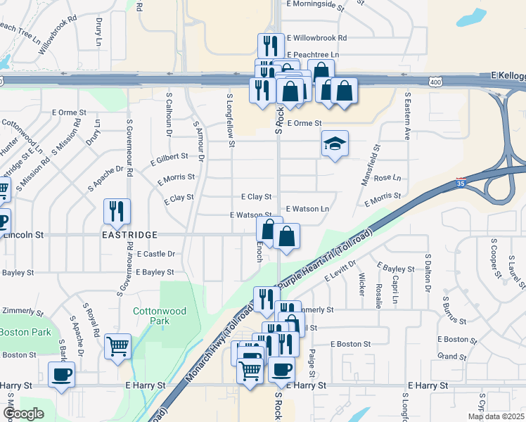 map of restaurants, bars, coffee shops, grocery stores, and more near 7915 East Watson Lane in Wichita