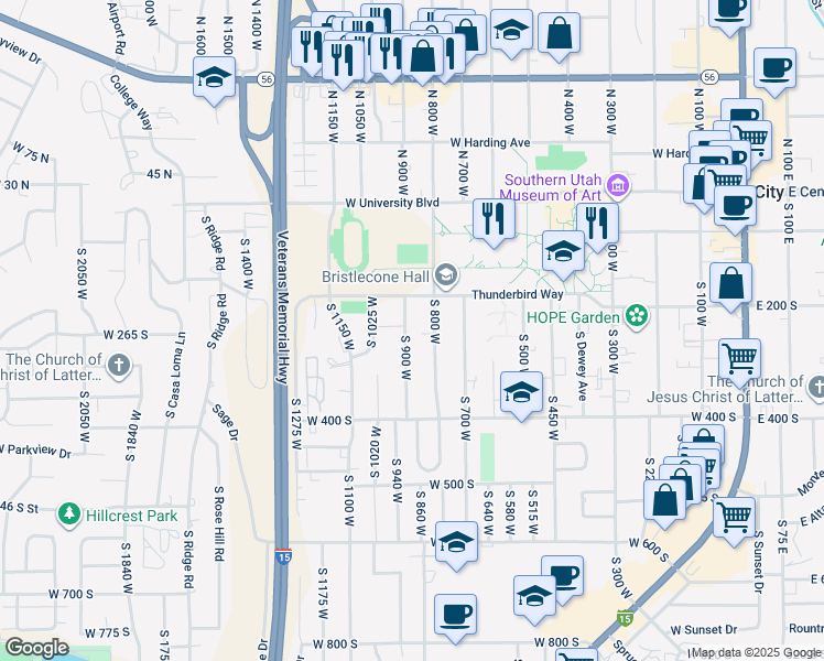 map of restaurants, bars, coffee shops, grocery stores, and more near 265 South 900 West in Cedar City