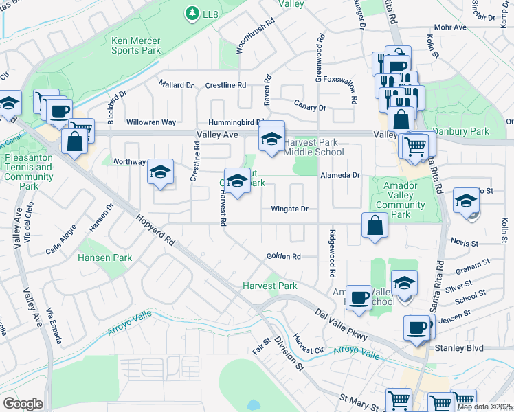 map of restaurants, bars, coffee shops, grocery stores, and more near 1804 Tanglewood Way in Pleasanton