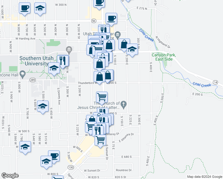 map of restaurants, bars, coffee shops, grocery stores, and more near 281 South Main Street in Cedar City