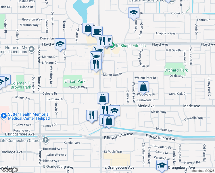 map of restaurants, bars, coffee shops, grocery stores, and more near 2200 Perth Drive in Modesto