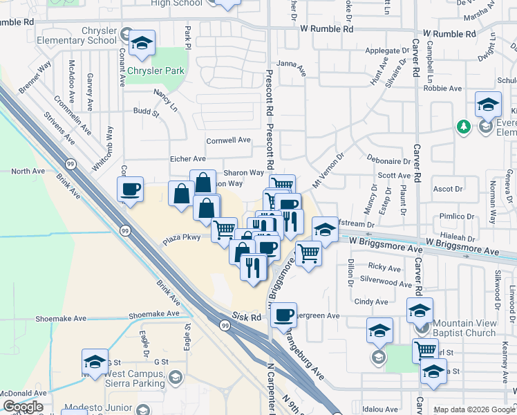 map of restaurants, bars, coffee shops, grocery stores, and more near 1901-B Prescott Road in Modesto