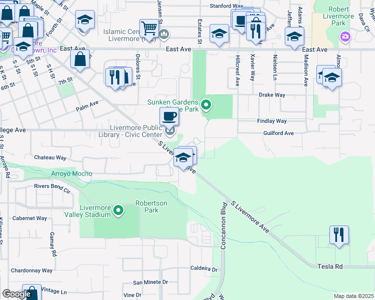 map of restaurants, bars, coffee shops, grocery stores, and more near 1378 South Livermore Avenue in Livermore