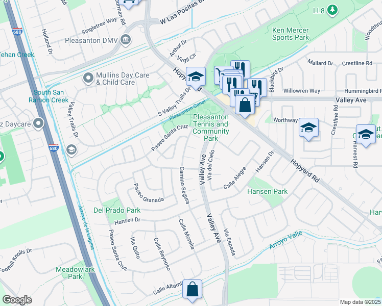 map of restaurants, bars, coffee shops, grocery stores, and more near 6074 Corte Encinas in Pleasanton