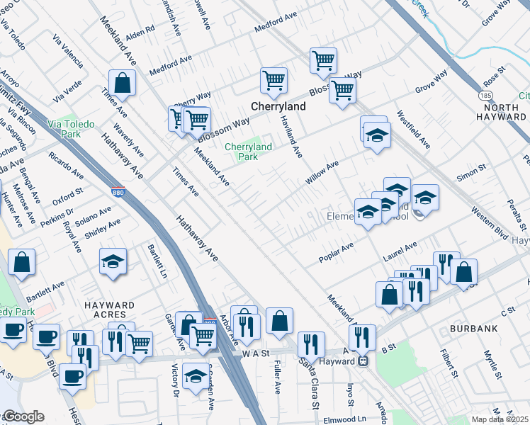 map of restaurants, bars, coffee shops, grocery stores, and more near 21689 Meekland Avenue in Hayward