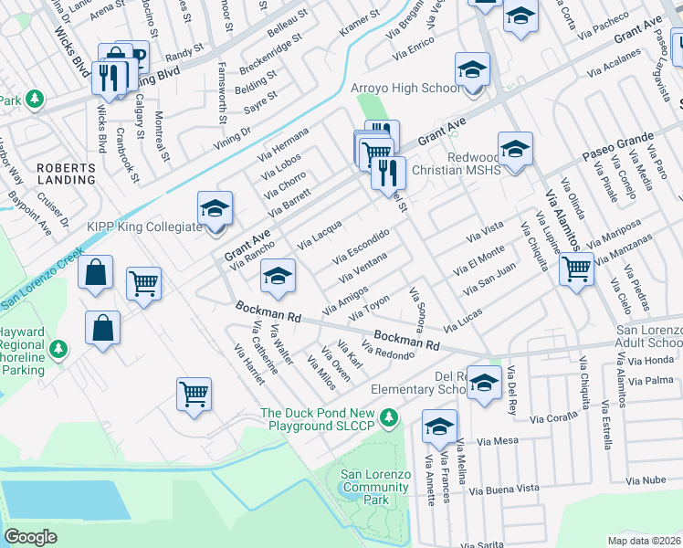 map of restaurants, bars, coffee shops, grocery stores, and more near 1786 Via Ventana in San Lorenzo