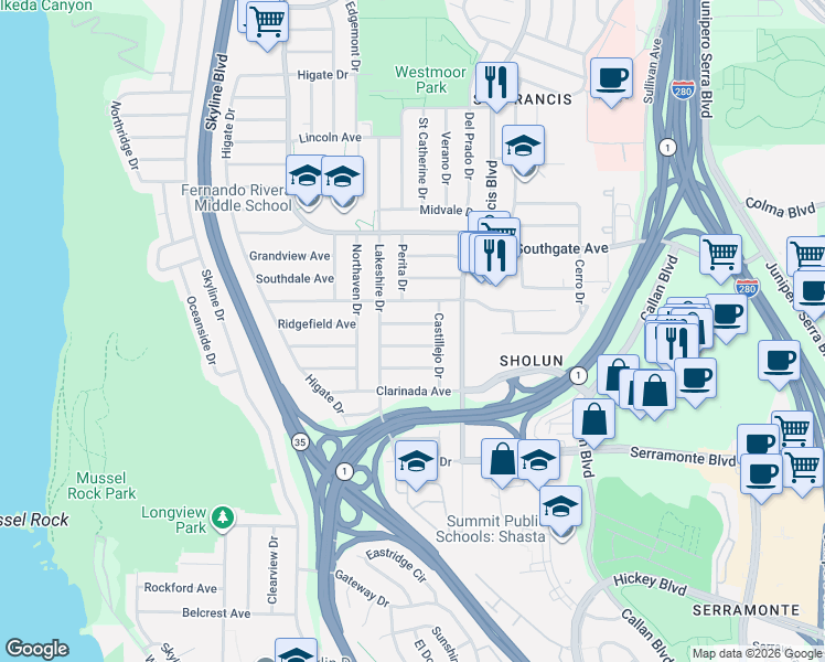 map of restaurants, bars, coffee shops, grocery stores, and more near 75 Pacifico Avenue in Daly City
