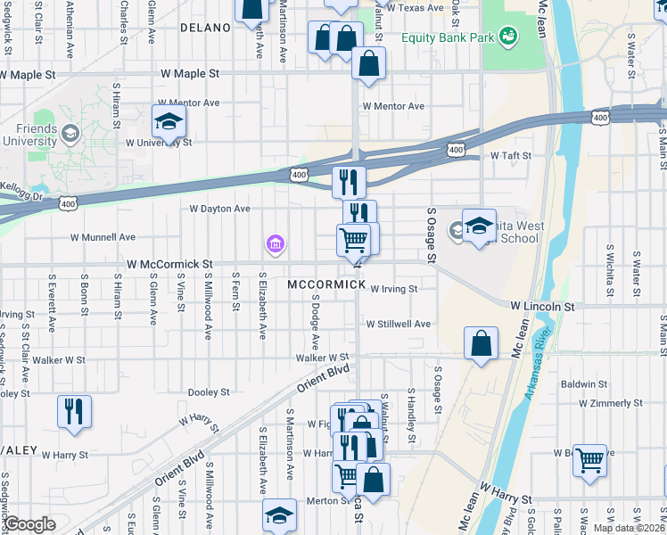 map of restaurants, bars, coffee shops, grocery stores, and more near 1014 South Dodge Avenue in Wichita