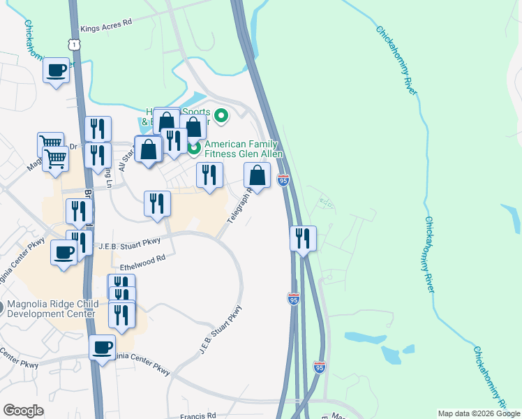 map of restaurants, bars, coffee shops, grocery stores, and more near 10551 Telegraph Road in Glen Allen