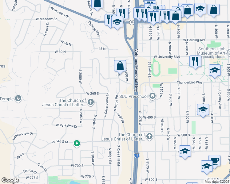map of restaurants, bars, coffee shops, grocery stores, and more near 295 S Ridge Rd in Cedar City