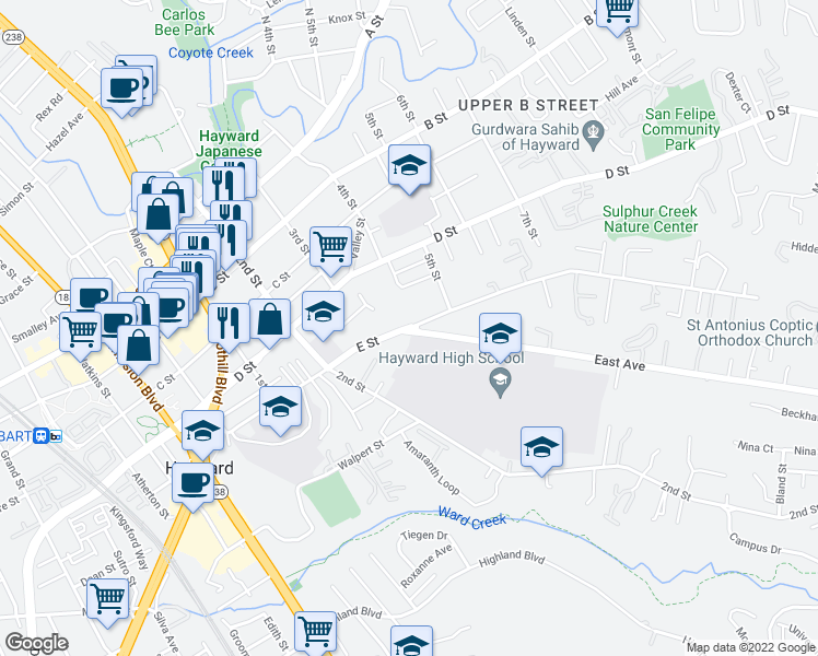 map of restaurants, bars, coffee shops, grocery stores, and more near East Avenue & E Street in Hayward