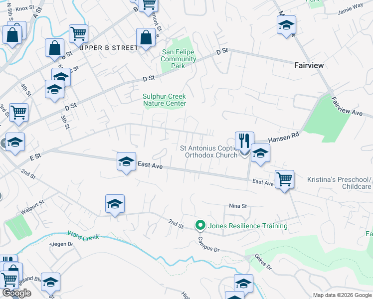map of restaurants, bars, coffee shops, grocery stores, and more near 24282 Rolling Ridge Street in Hayward