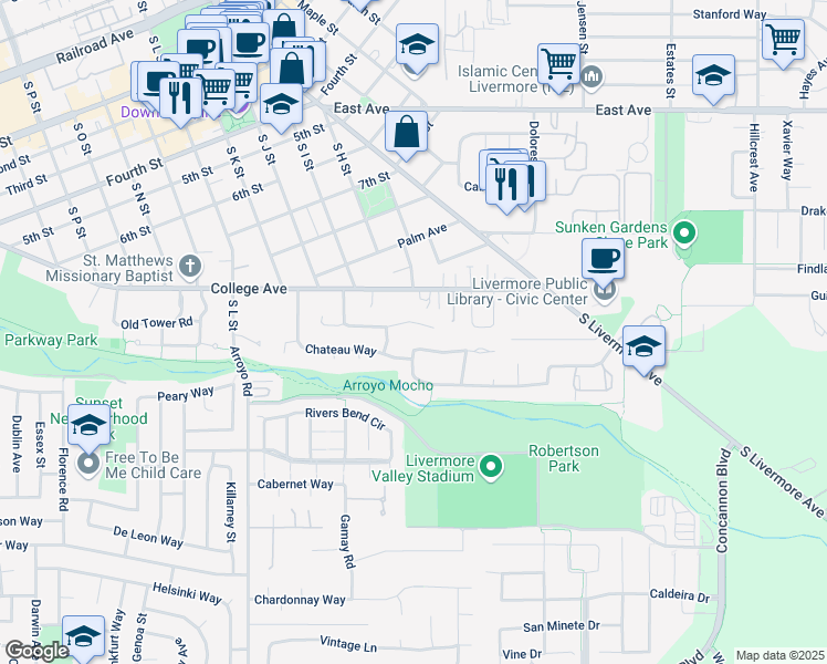 map of restaurants, bars, coffee shops, grocery stores, and more near 1153 Sherry Way in Livermore