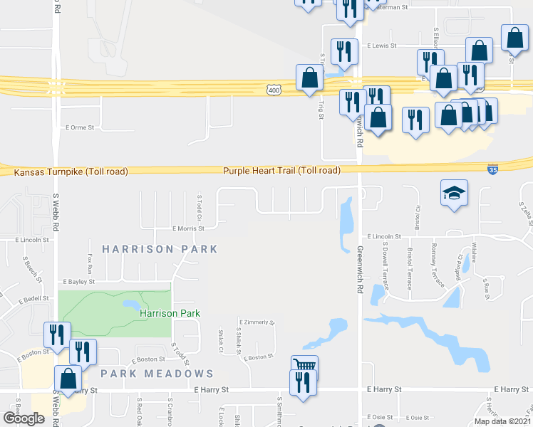 map of restaurants, bars, coffee shops, grocery stores, and more near 10703 Fawn Grove Street in Wichita