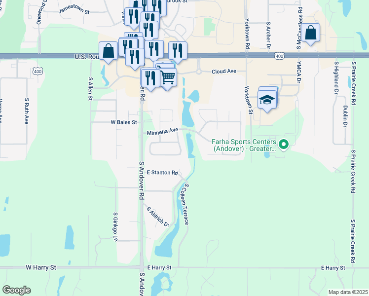 map of restaurants, bars, coffee shops, grocery stores, and more near 815 South Sunset Circle in Andover