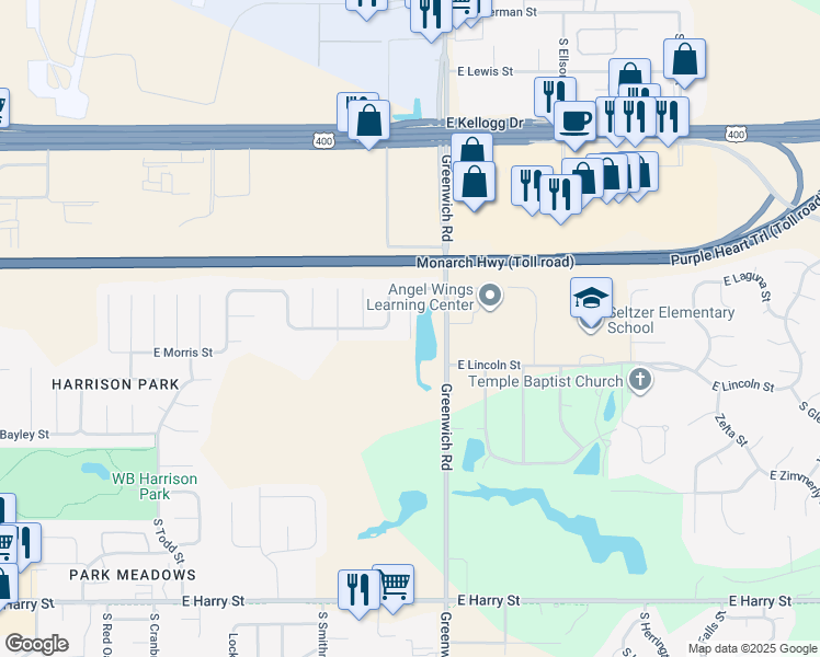 map of restaurants, bars, coffee shops, grocery stores, and more near 712 Deer Haven Court in Wichita