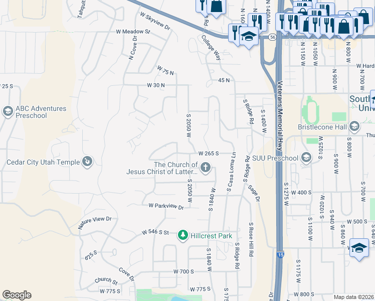 map of restaurants, bars, coffee shops, grocery stores, and more near 2052 West 265 South in Cedar City