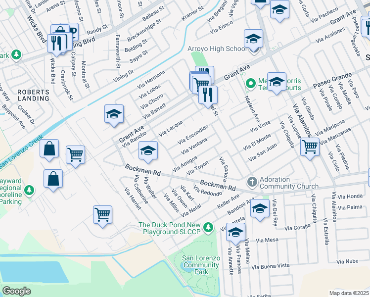map of restaurants, bars, coffee shops, grocery stores, and more near 1715 Via Ventana in San Lorenzo