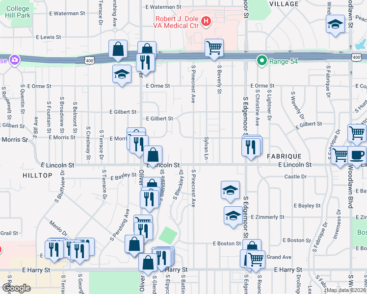 map of restaurants, bars, coffee shops, grocery stores, and more near 822 South Bleckley Drive in Wichita