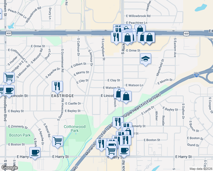 map of restaurants, bars, coffee shops, grocery stores, and more near 7715 East Watson Lane in Wichita