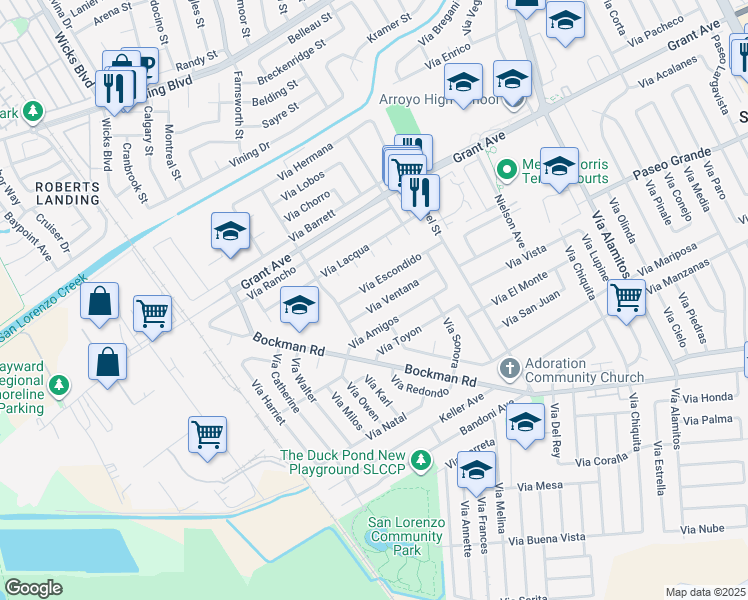 map of restaurants, bars, coffee shops, grocery stores, and more near 1715 Via Ventana in San Lorenzo