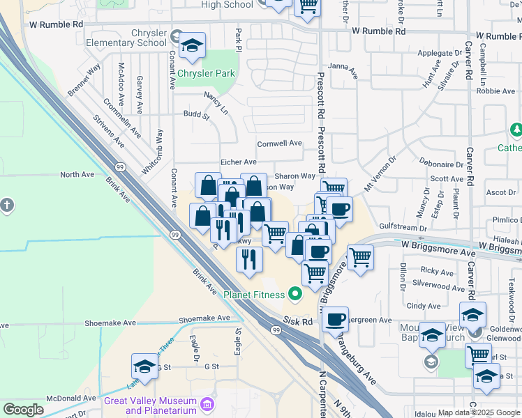 map of restaurants, bars, coffee shops, grocery stores, and more near 2225 Plaza Parkway in Modesto