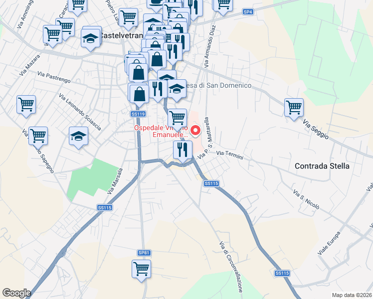 map of restaurants, bars, coffee shops, grocery stores, and more near 26 Via Marinella in Castelvetrano