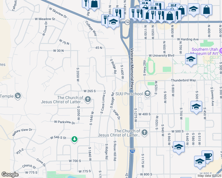 map of restaurants, bars, coffee shops, grocery stores, and more near 295 South Casa Loma Lane in Cedar City