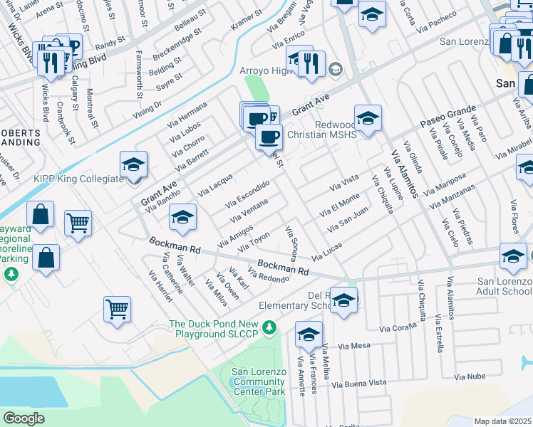 map of restaurants, bars, coffee shops, grocery stores, and more near 1663 Vía Amigos in San Lorenzo