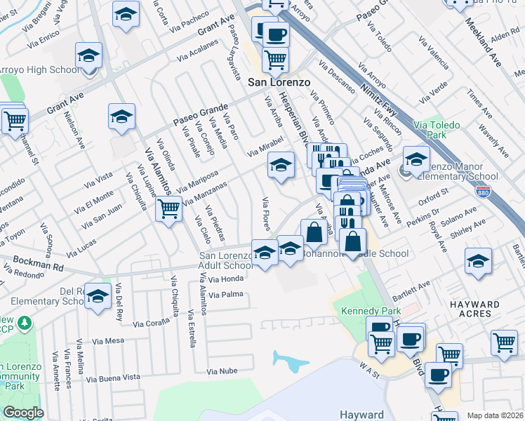 map of restaurants, bars, coffee shops, grocery stores, and more near 733 Hacienda Avenue in San Lorenzo