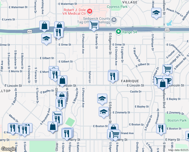 map of restaurants, bars, coffee shops, grocery stores, and more near 842 South Beverly Street in Wichita