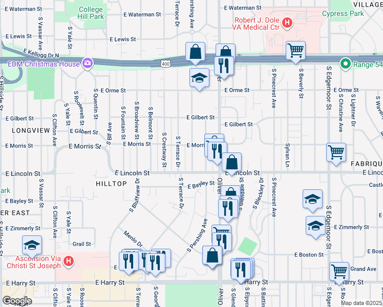 map of restaurants, bars, coffee shops, grocery stores, and more near 842 South Pershing Street in Wichita