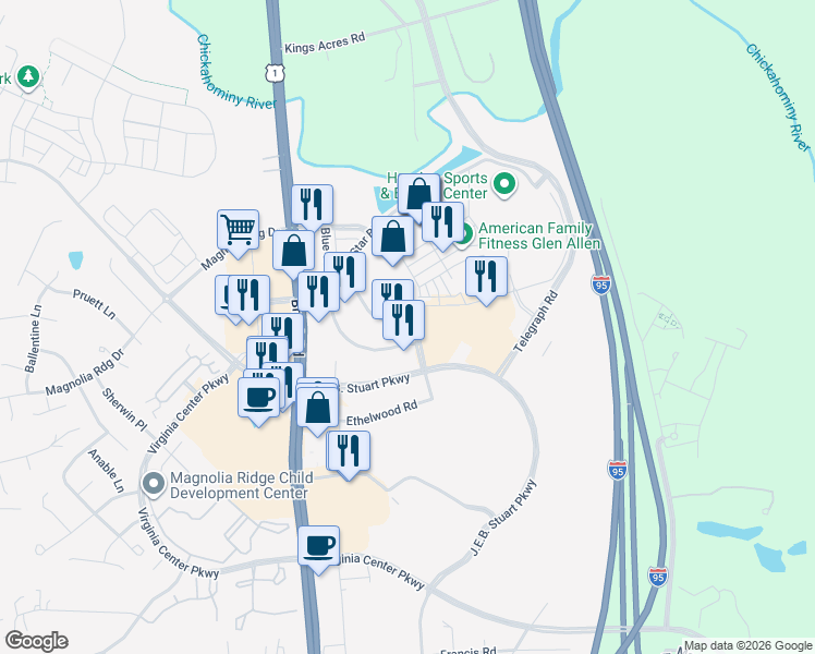 map of restaurants, bars, coffee shops, grocery stores, and more near 10069 Brook Road in Glen Allen