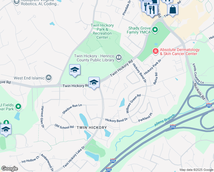 map of restaurants, bars, coffee shops, grocery stores, and more near 5000 Hickory Downs Court in Glen Allen