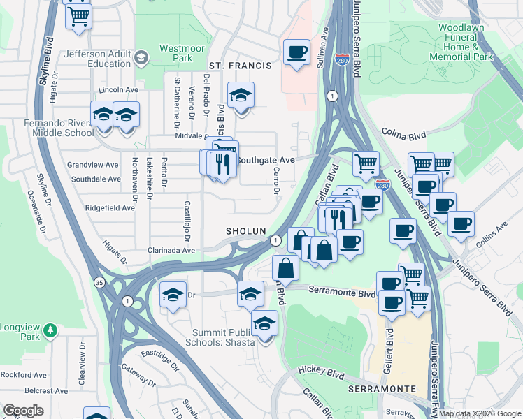map of restaurants, bars, coffee shops, grocery stores, and more near 283 Cerro Drive in Daly City