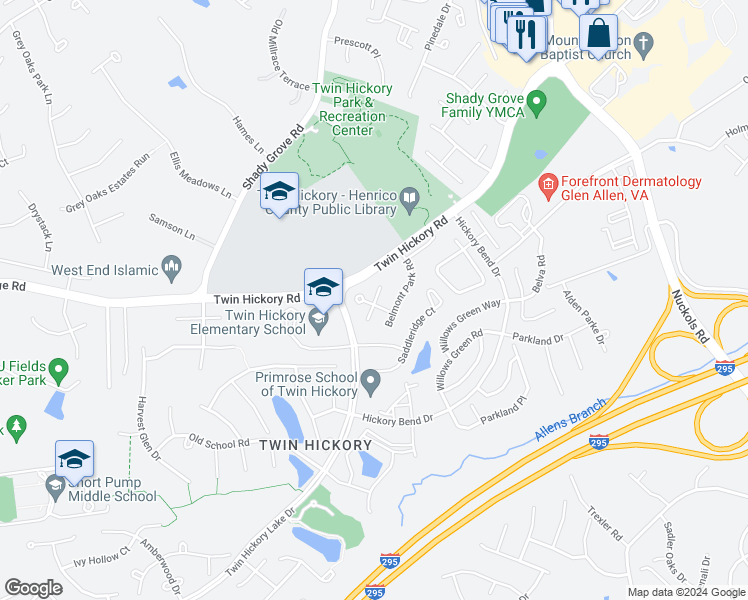 map of restaurants, bars, coffee shops, grocery stores, and more near 11504 Belmont Park Lane in Glen Allen