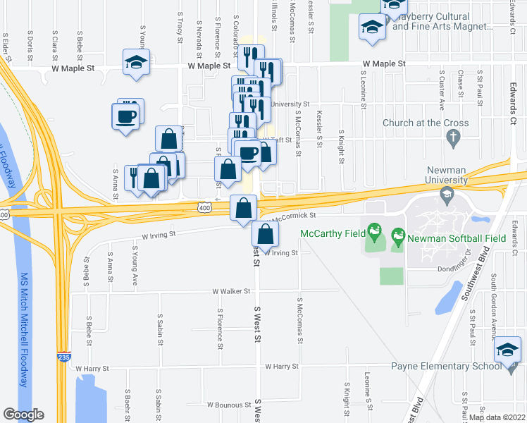 map of restaurants, bars, coffee shops, grocery stores, and more near W Kellogg Dr in Wichita