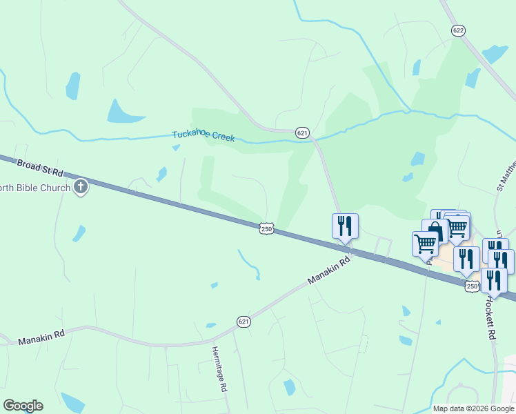 map of restaurants, bars, coffee shops, grocery stores, and more near 2006 Sycamore Creek Drive in Manakin-Sabot